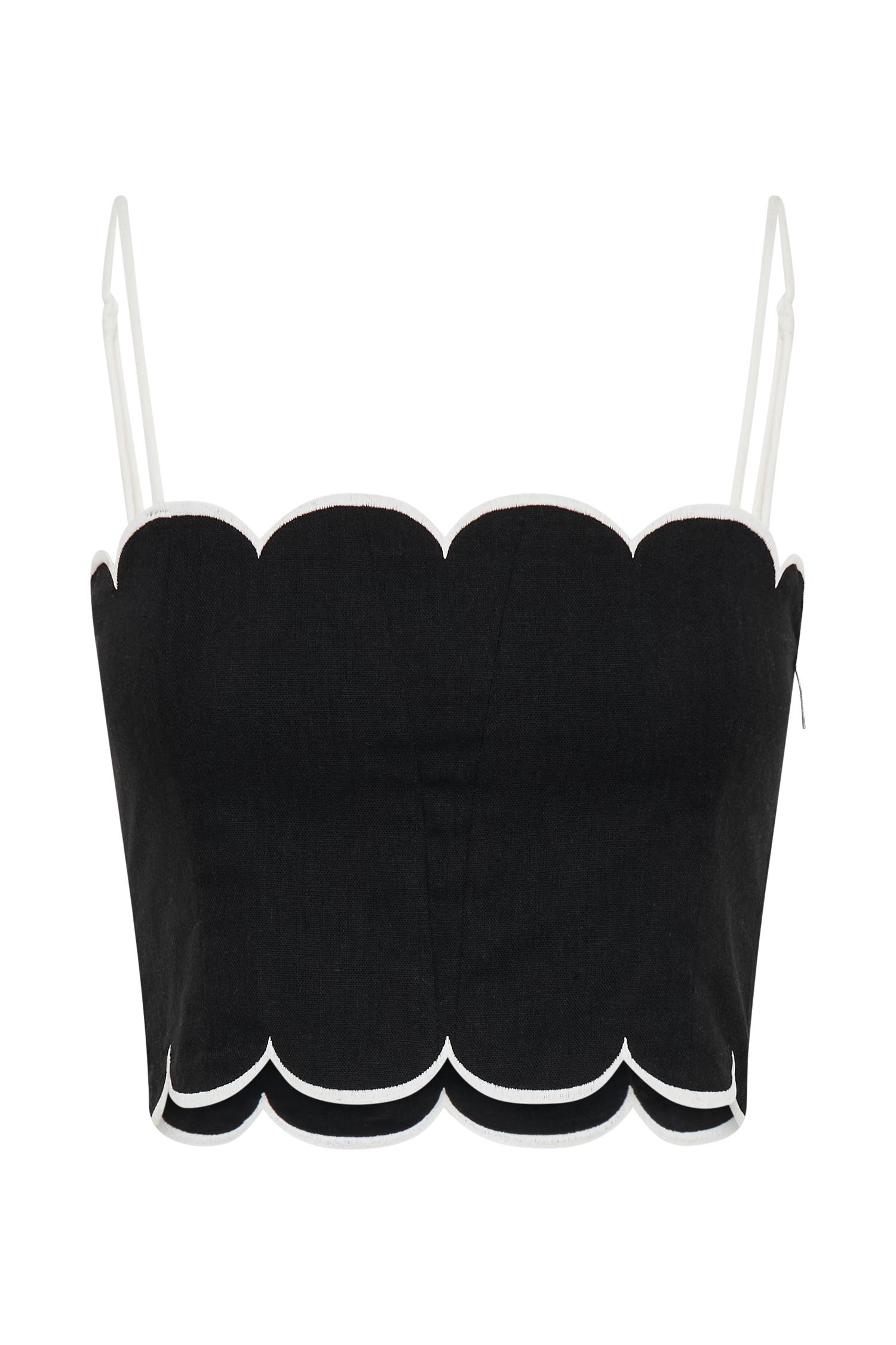 Alessio Scalloped Linen Top - Black Product Image