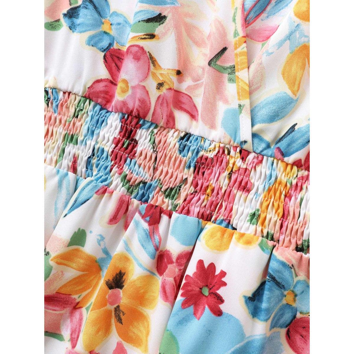 Plus Size Floral Overlap Collar Shirred Ruffle Sleeve Dress White Women Elegant Overlapping Overlap Collar Short sleeve Curvy BloomChic 10/M Product Image