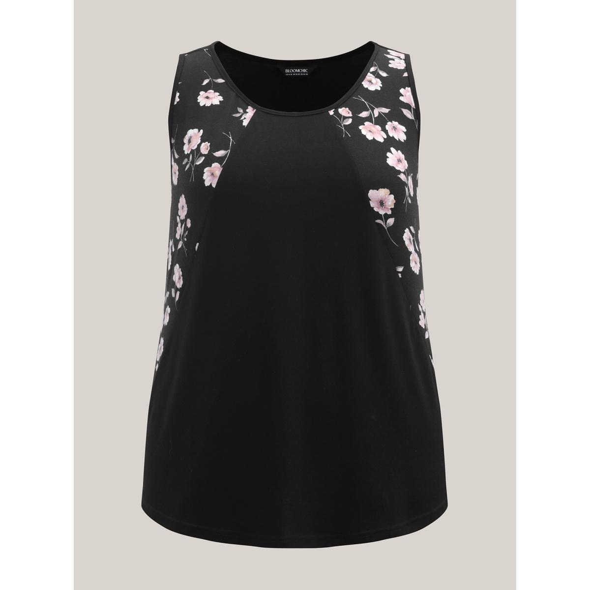 Plus Size Floral Print Spliced Curvy Tank Top Women Black Patchwork Round Neck Everyday-Casual Tank Tops Camis BloomChic 18-20/2X Product Image