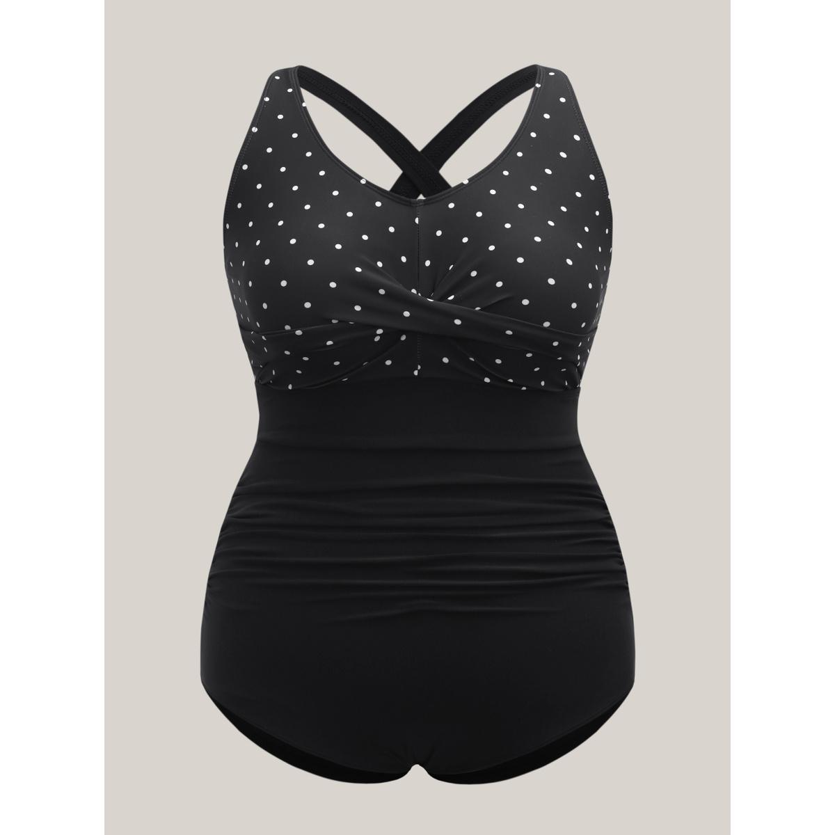 Plus Size Polka Dots Spliced Ruched One-Piece Swimsuit Women's Swimwear Black Resort Twist Curve Bathing Suits High stretch One Pieces BloomChic 28/5X Product Image