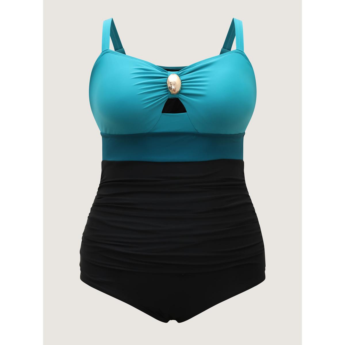 Plus Size Two-Piece Contrast Sheer Sarong Swimsuit Women's Swimwear Teal Beach Contrast Curve Bathing Suits High stretch One Pieces BloomChic 22-24/3X Product Image