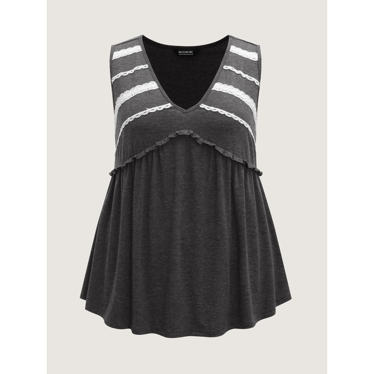 Plus Size Lace Trim V-Neck Tank Top Women DimGray Leisure Wraparound straps V-neck Casual Tank Tops Camis BloomChic 14-16/1X Product Image