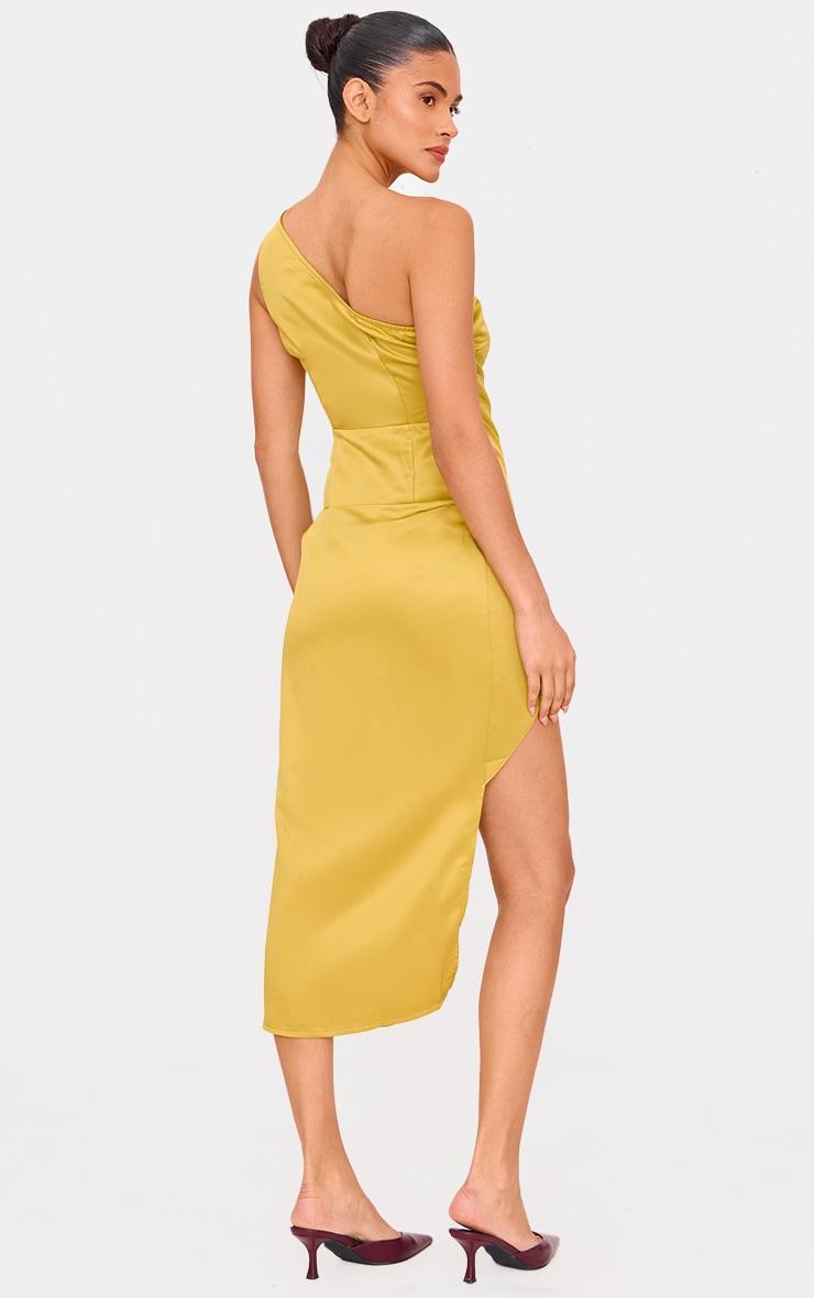 Olive Satin One Shoulder Pleat Detail Midi Dress Product Image