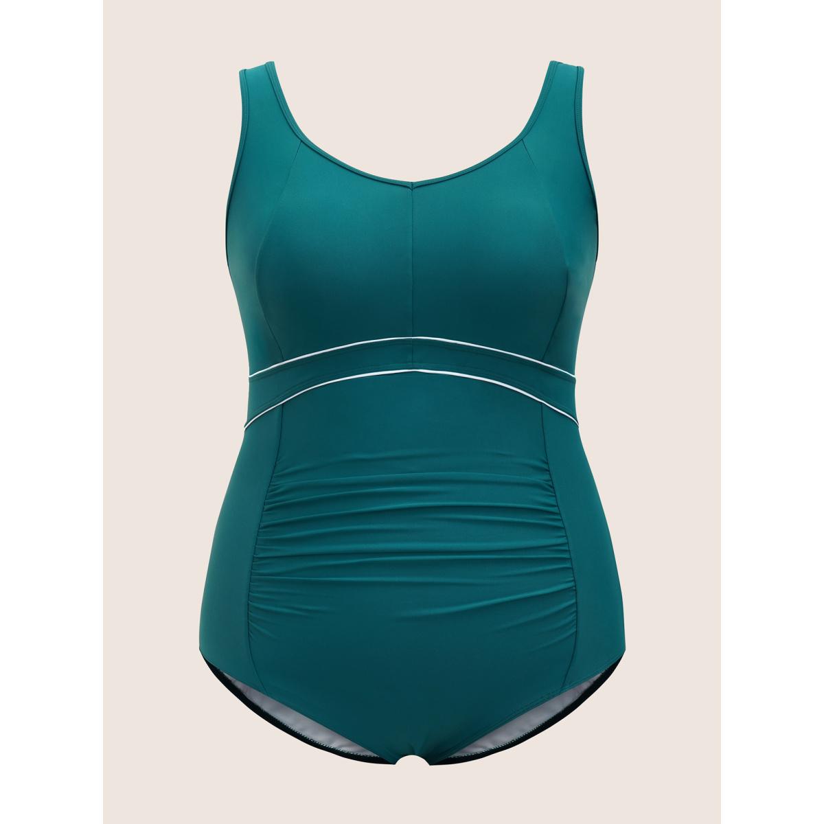 Plus Size Contrast Trim Ruched Heart Neckline One Piece Swimsuit Women's Swimwear DarkGreen Beach Gathered Curve Bathing Suits High stretch One Pieces BloomChic 10/M Product Image