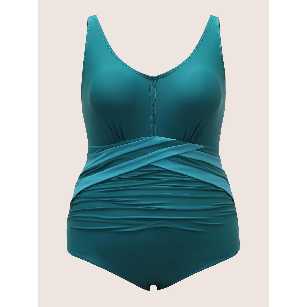 Plus Size Two Tone Crossover Gathered One Piece Swimsuit Women's Swimwear Cyan Beach Overlapping Curve Bathing Suits High stretch One Pieces BloomChic 14-16/1X Product Image