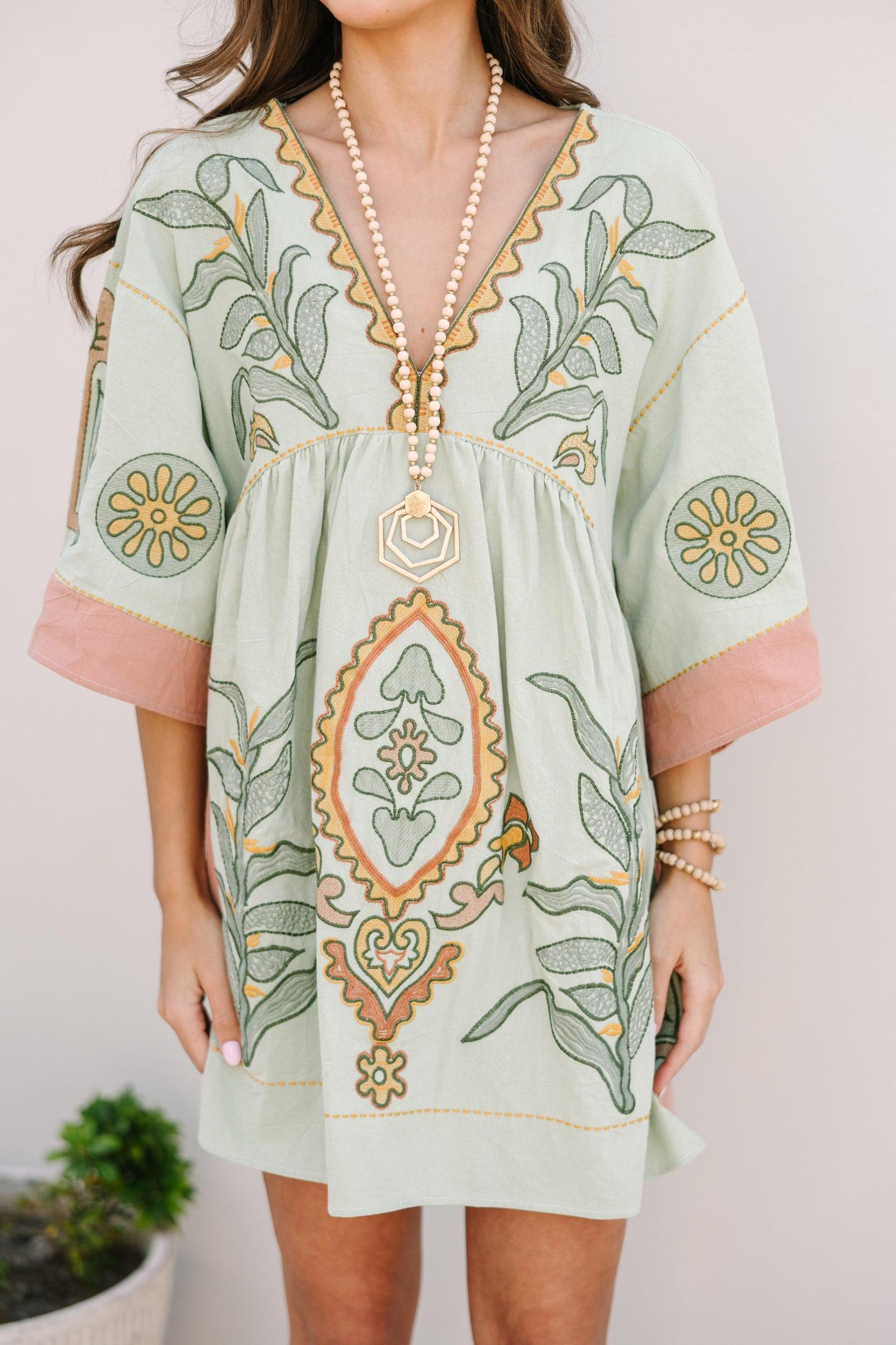 Just My Type Mint Green Floral Embroidery Babydoll Dress Female Product Image