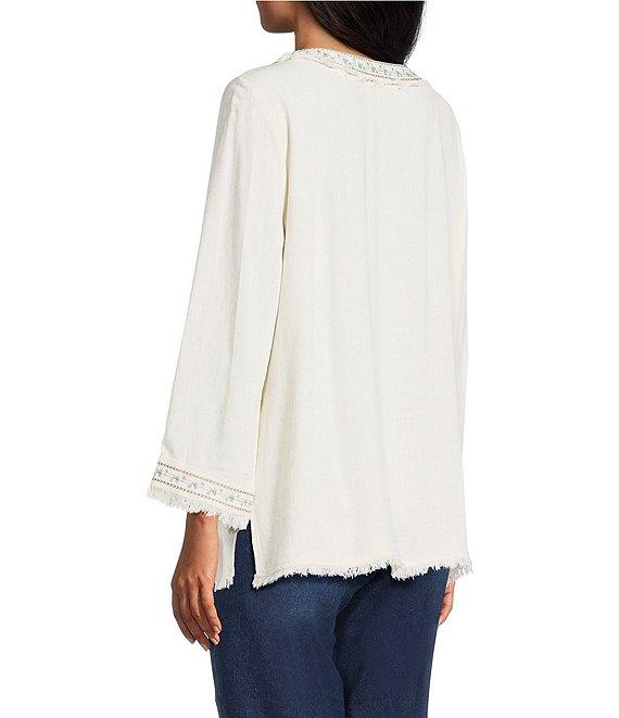 Multiples Embroidered Textured V-Neck 3/4 Sleeve Fringe Edge Top Product Image
