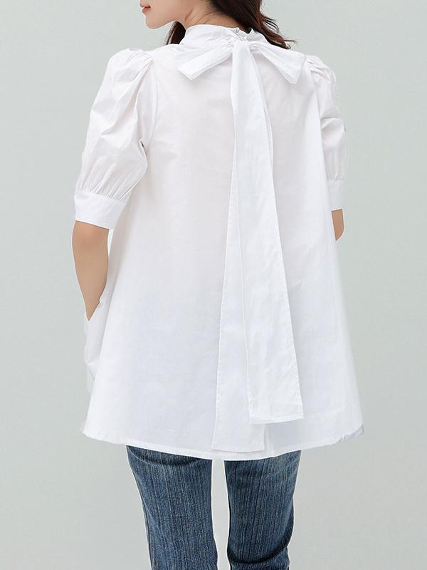 Casual Loose Bow-Embellished Solid Color Blouse Product Image