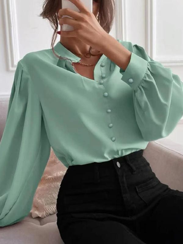 Loose Puff Sleeves Pleated Solid Color Split-Joint Stand Collar Blouses Product Image