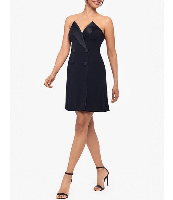 Betsy & Adam Scuba Crepe Lamour Pointed V-Neck Strapless Tuxedo Mini Dress Product Image