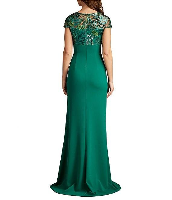 Tadashi Shoji Beck Sequin Crepe Illusion Boat Neck Cap Sleeve Front Twist Sheath Gown Product Image