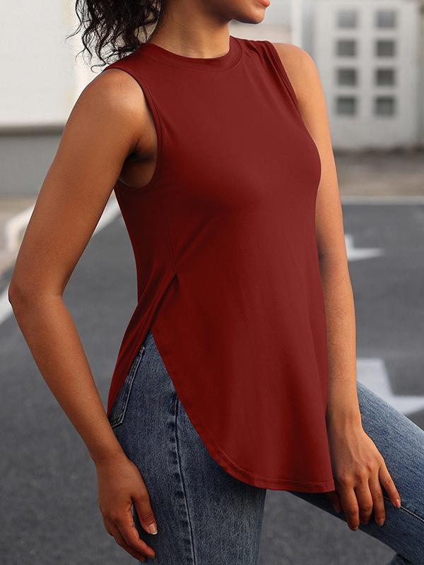 Loose Sleeveless Solid Color Split-Side Round-Neck Cover-Ups Tops Vest Top Product Image