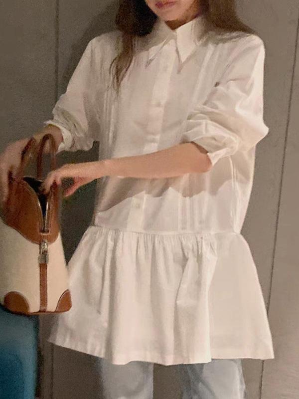 A-Line Long Sleeves Buttoned Pleated Solid Color Lapel Mini Dresses Shirt Dress Product Image