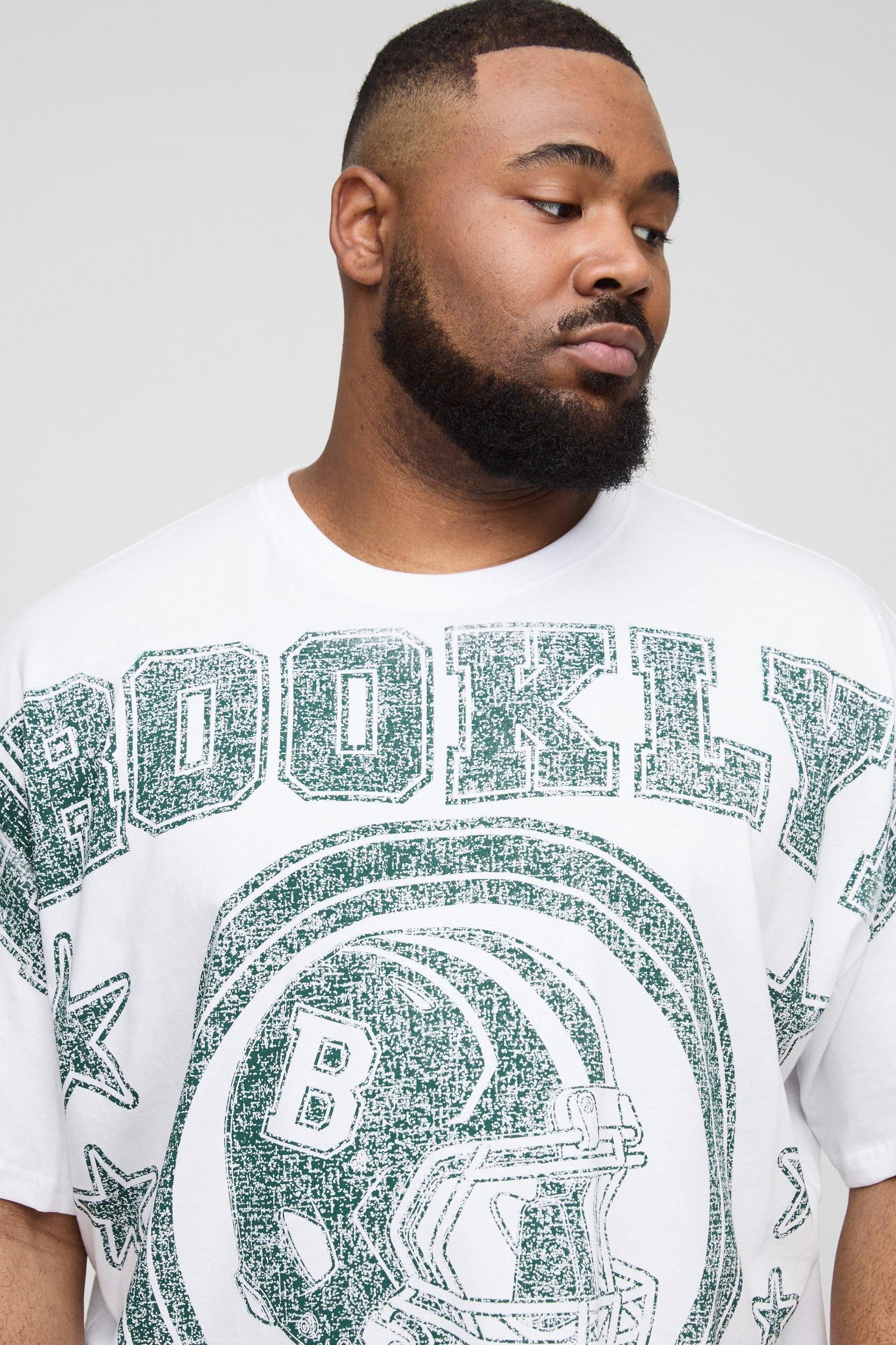 Plus Oversized Brooklyn Over The Seam Varsity Print T-Shirt | boohooMAN USA Product Image