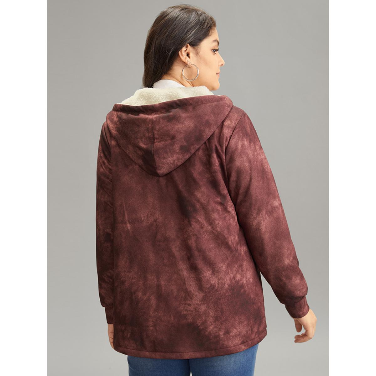 Plus Size Tie Dye Patchwork Fluffy Zipper Hooded Jacket Women Scarlet Lined Pocket Dailywear Jackets BloomChic 10/M Product Image