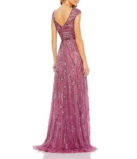 Mac Duggal Sequin Illusion Boat Neck Cap Sleeve A-Line Gown Product Image