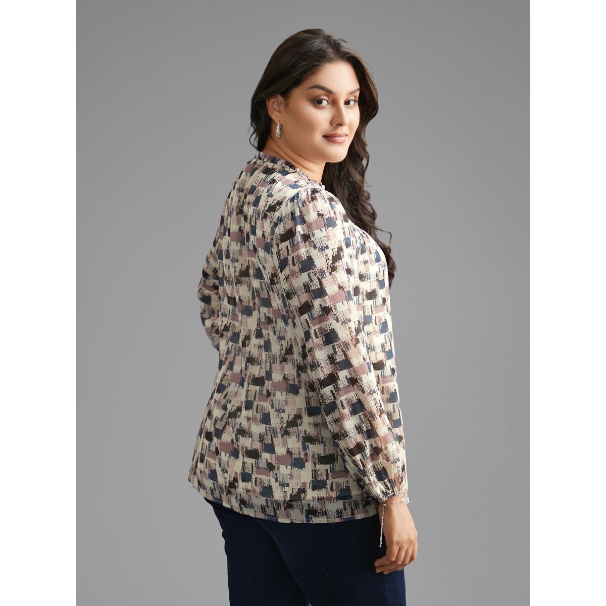 Plus Size Lilac Brush Print Shirred Ruffles Gathered Blouse Women Elegant Long Sleeve Mock Neck Everyday Blouses BloomChic 14-16/1X Product Image
