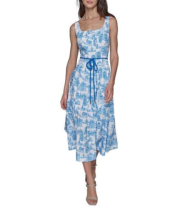KARL LAGERFELD PARIS Toile Print Square Neck Sleeveless Waist Tie Belt A-Line Midi Dress Product Image