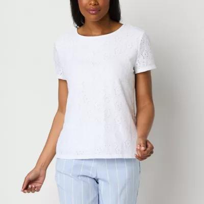 Liz Claiborne Womens Round Neck Short Sleeve Lace Blouse Product Image