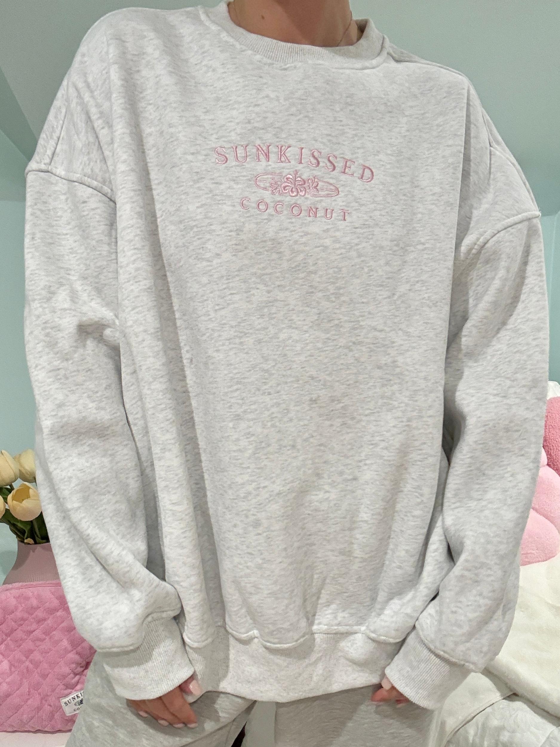 Pearl Grey and Pink Thread Sunkissedcoconut Embroider Sweatshirt Product Image