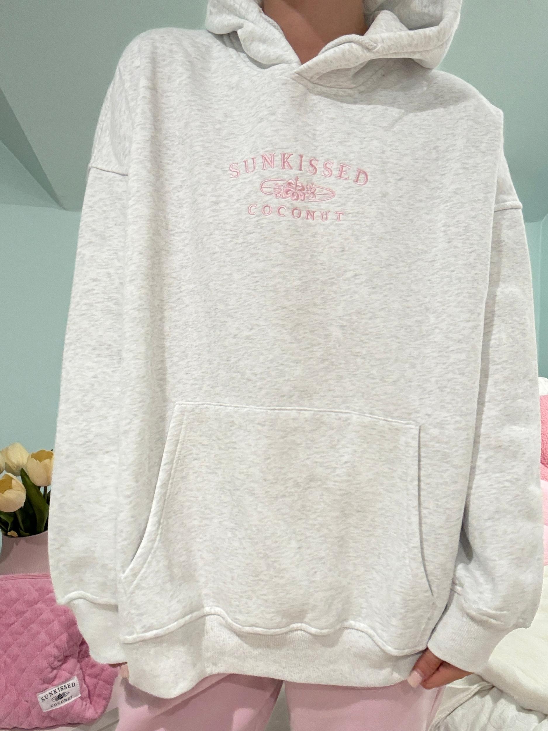 Pearl Grey and Pink Thread Sunkissedcoconut Logo Embroider Hoodie Product Image