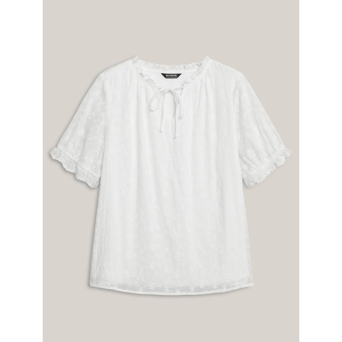 Plus Size WhiteSmoke Cotton Embroidery Notched Neck Tie Shirt Women Timeless Half Sleeve Flat collar with V-notch Elegant Blouses BloomChic 28/5X Product Image
