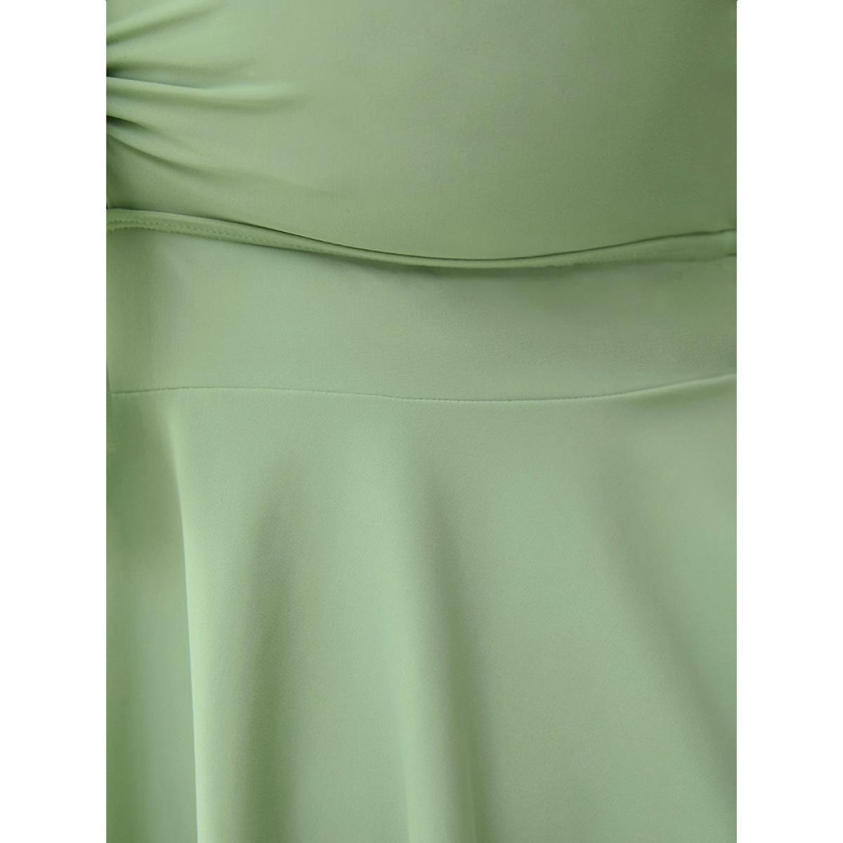 Plus Size Ruched Knotted Front Flutter Hem Crossover Back Tankini Top Women's Swimwear LightGreen Vacation Adjustable Straps High stretch Bodycon V-neck Curve Swim Tops BloomChic 12/L Product Image