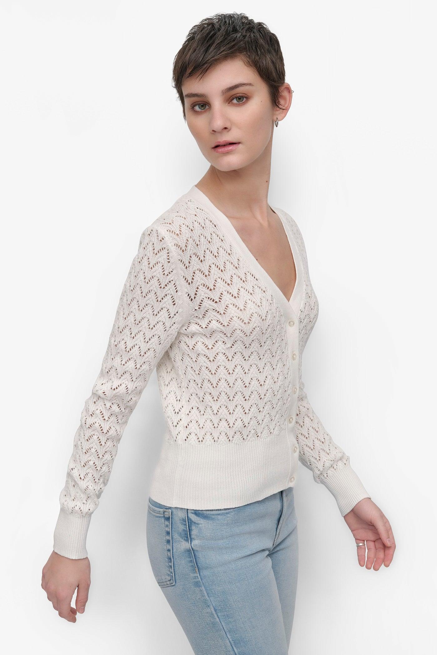 LONG SLEEVE POINTELLE STITCH V NECK CARDIGAN Product Image