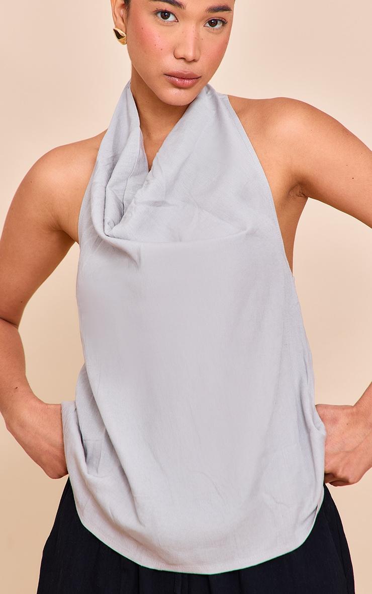 Grey Linen Blend Cowl Neck Backless Long Top Product Image