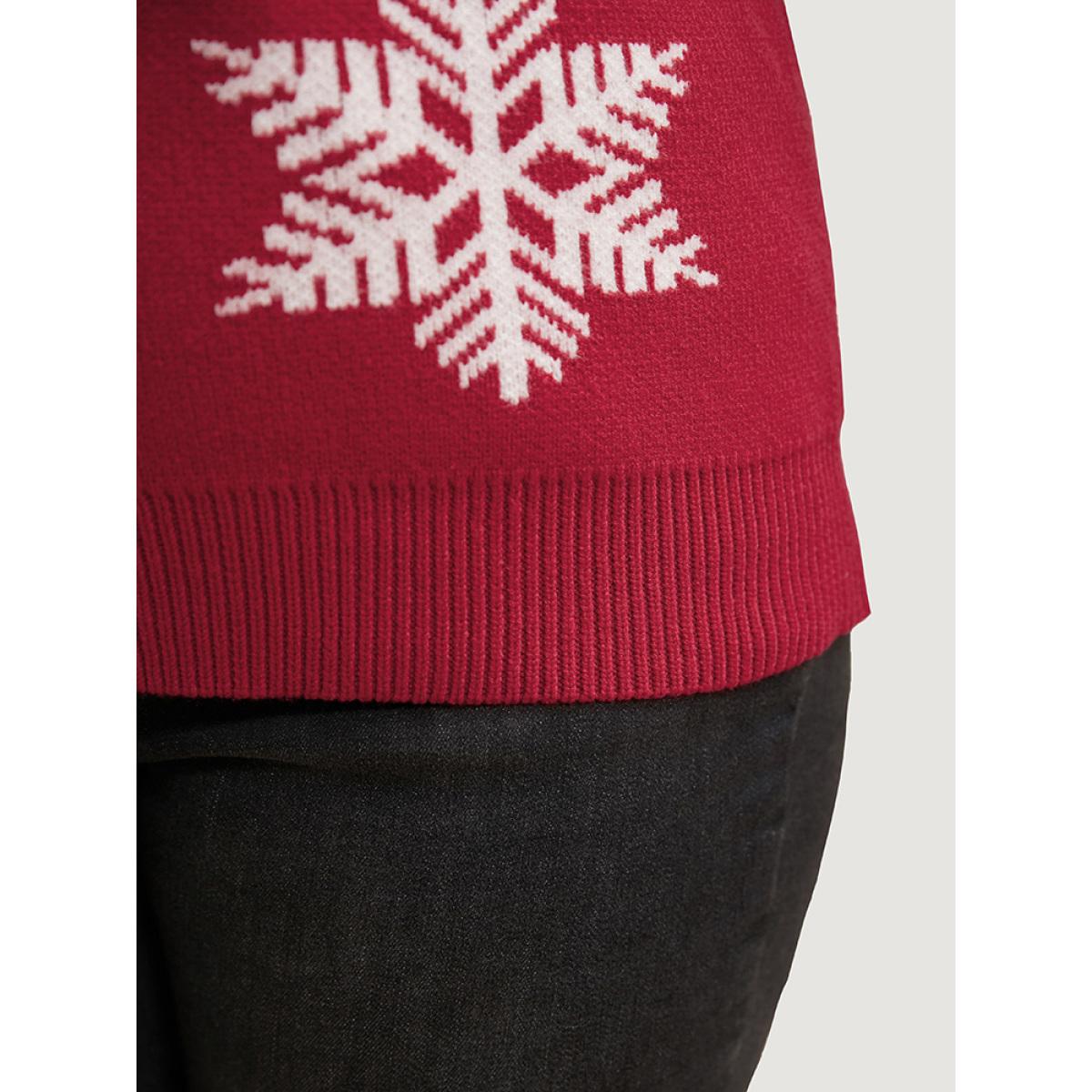 Plus Size Snowflake Super Soft Plush Knit Lantern Sleeve Jacquard Knit Top Red Women Casual Loose Long Sleeve Dailywear Pullovers BloomChic 28/5X Product Image