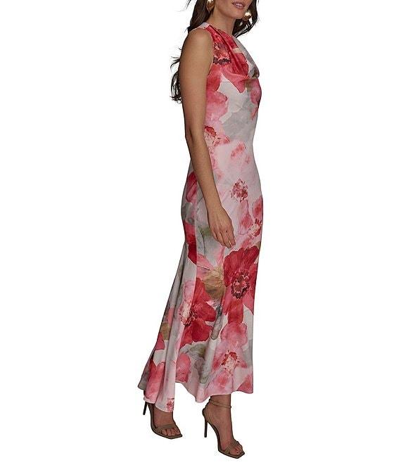 Donna Karan Cowl Neck Floral Print Satin Sheath Dress Product Image