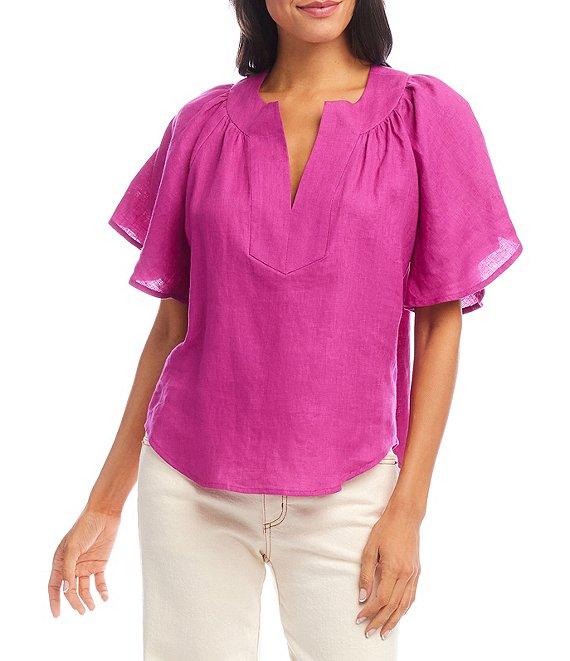 Karen Kane Linen Split V-Neck Short Flutter Sleeve Top Product Image
