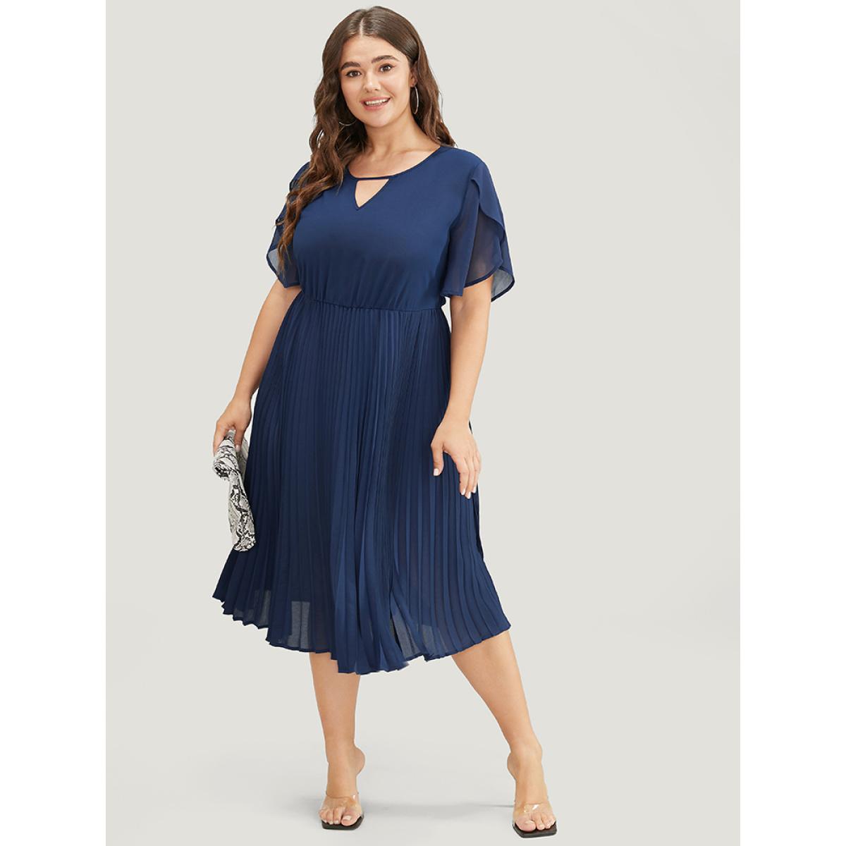 Plus Size Solid Keyhole Split Chiffon Petal Sleeve Pleated Hem Dress Navy Women Office Plain V-neck Short sleeve Curvy Midi Dress BloomChic 22-24/3X Product Image