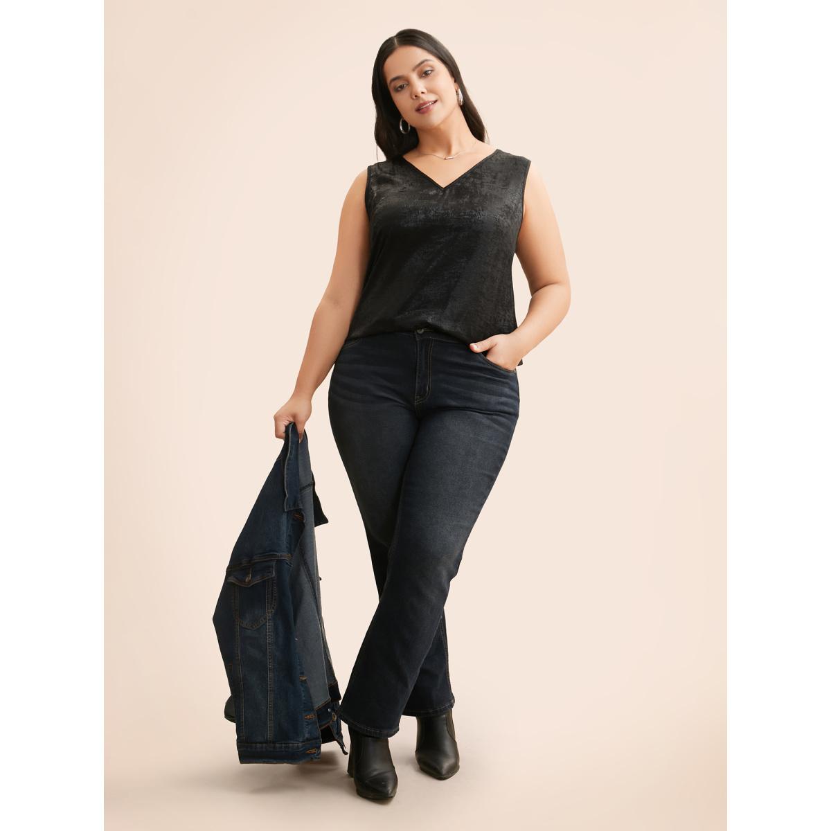 Plus Size V Neck Metal Texture Patchwork Tank Top Women Black Casual Patchwork V-neck Everyday Tank Tops Camis BloomChic 14-16/1X Product Image