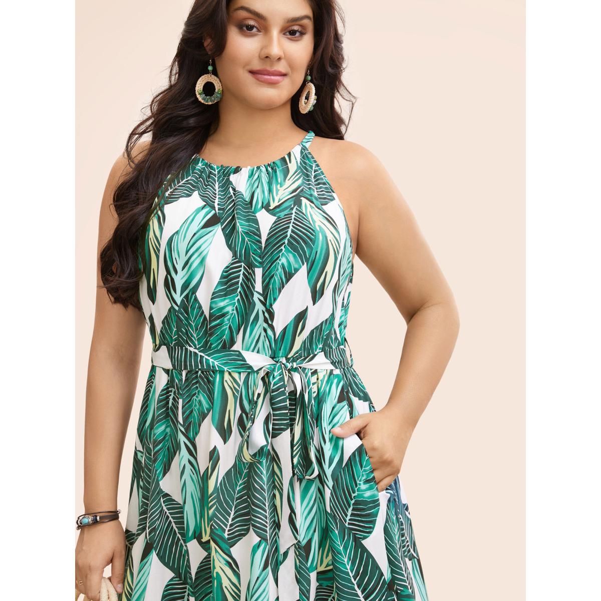 Plus Size Tropical Print Knotted Pocket Ruffles Belted Halter Dress Emerald Women Resort Non Halter neck Sleeveless Curvy Midi Dress BloomChic 18-20/2X Product Image