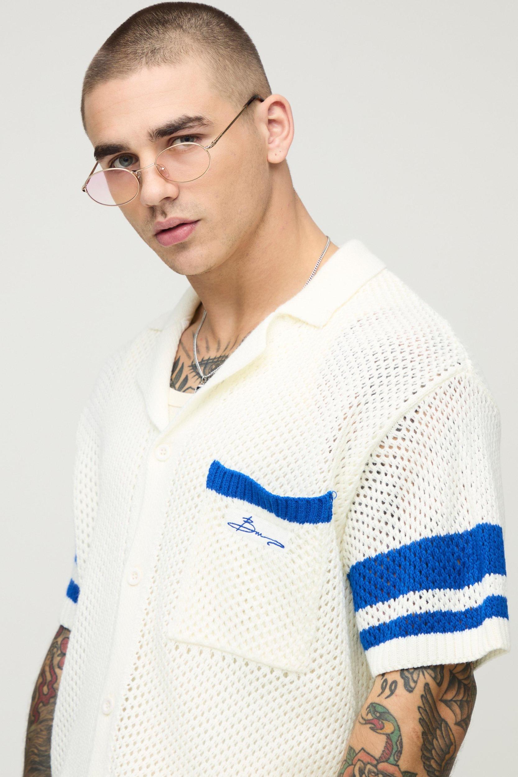 Boxy Fit Open Stitch Stripe Knitted Shirt | boohooMAN USA Product Image
