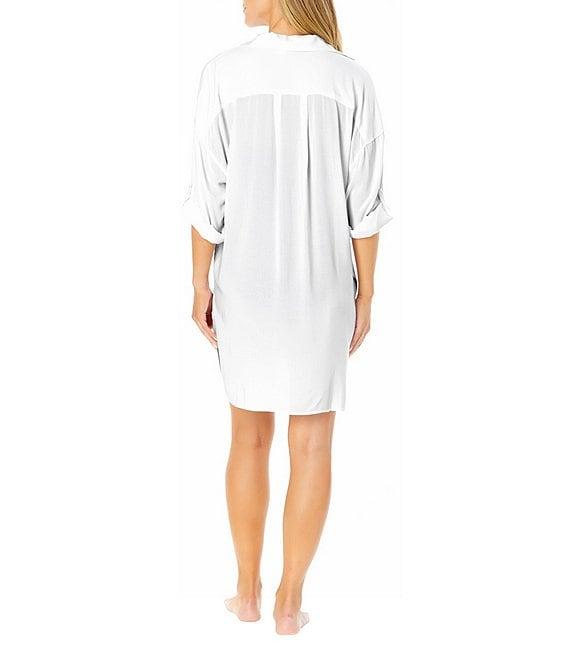Anne Cole Solid Boyfriend Collared Neck Button Front Shirt Swim Cover-Up Product Image