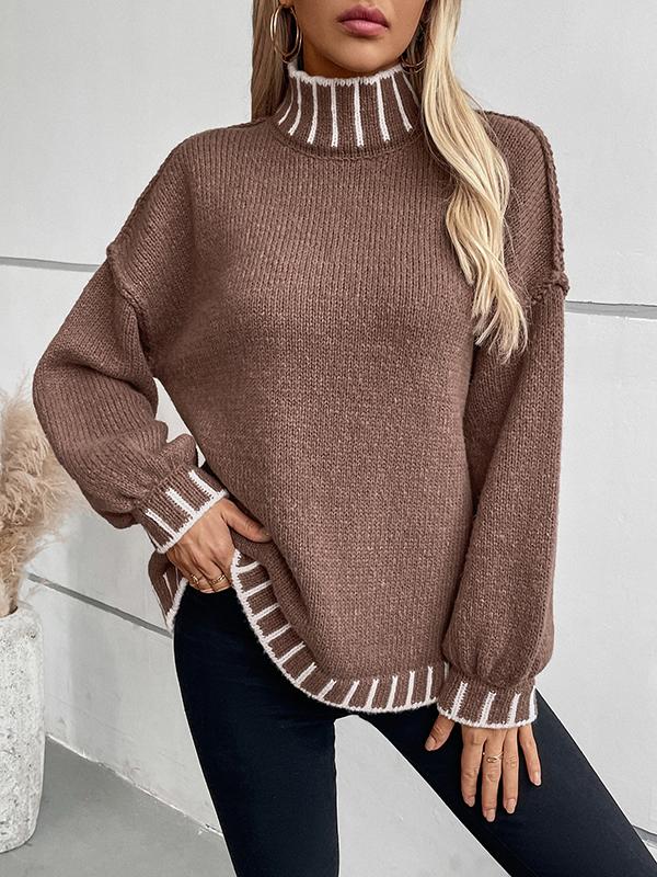 Long Sleeves Loose Contrast Color Split-Joint High Neck Pullovers Sweater Tops Product Image
