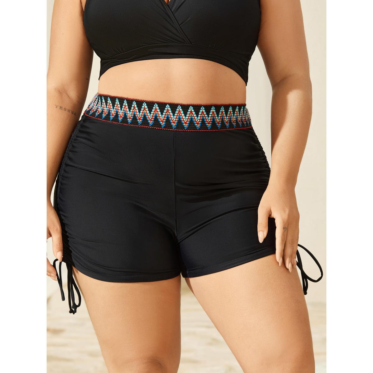 Plus Size Multi-Color Webbing Side Drawstring Swim Bottoms Women's Swimwear Black Beach Woven ribbon&lace trim High stretch Skinny High Rise Curve Swim Bottoms BloomChic 18-20/2X Product Image