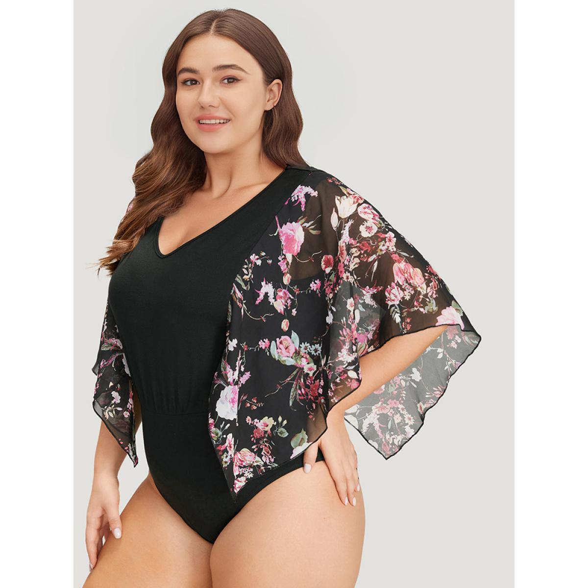 Plus Size Floral Print Patchwork Mesh Asymmetrical Sleeve Bodysuit Women Black Ditsy Floral Printed Bodysuits BloomChic 30/6X Product Image