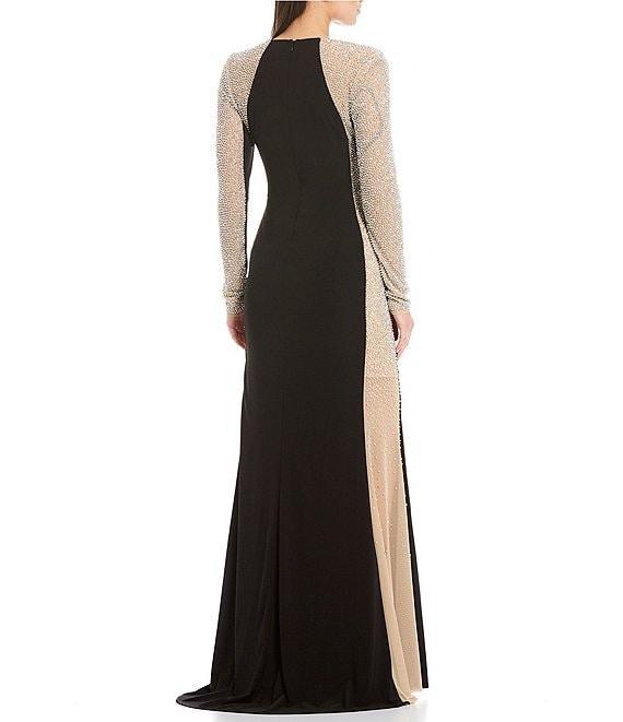 Xscape Caviar Beaded Mesh Panel Long Sleeve Contrast Matte Jersey Square Neck Sheath Gown Product Image