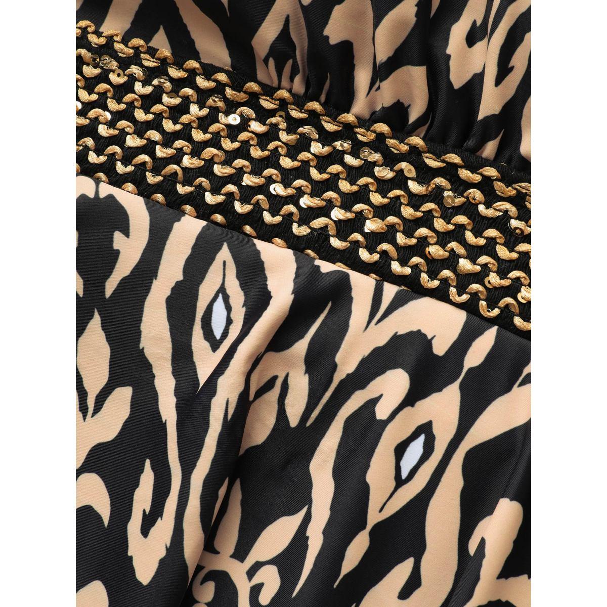 Plus Size Boho Print Overlap Collar Woven Ribbon Swim Dress Women's Swimwear Black Beach Bodycon Overlap Collar High stretch Curve Swim Dresses BloomChic 26/4X Product Image