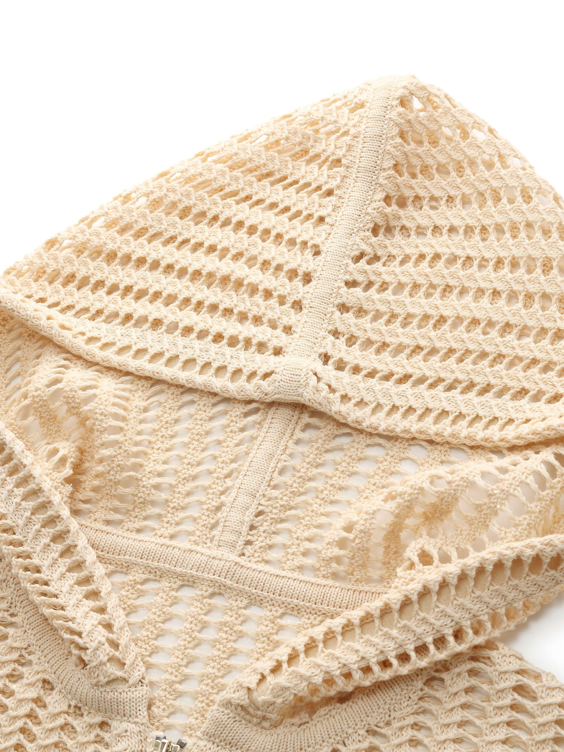 Sequins Stretch Zip-Up Women Openwork Hooded Cardigan Product Image