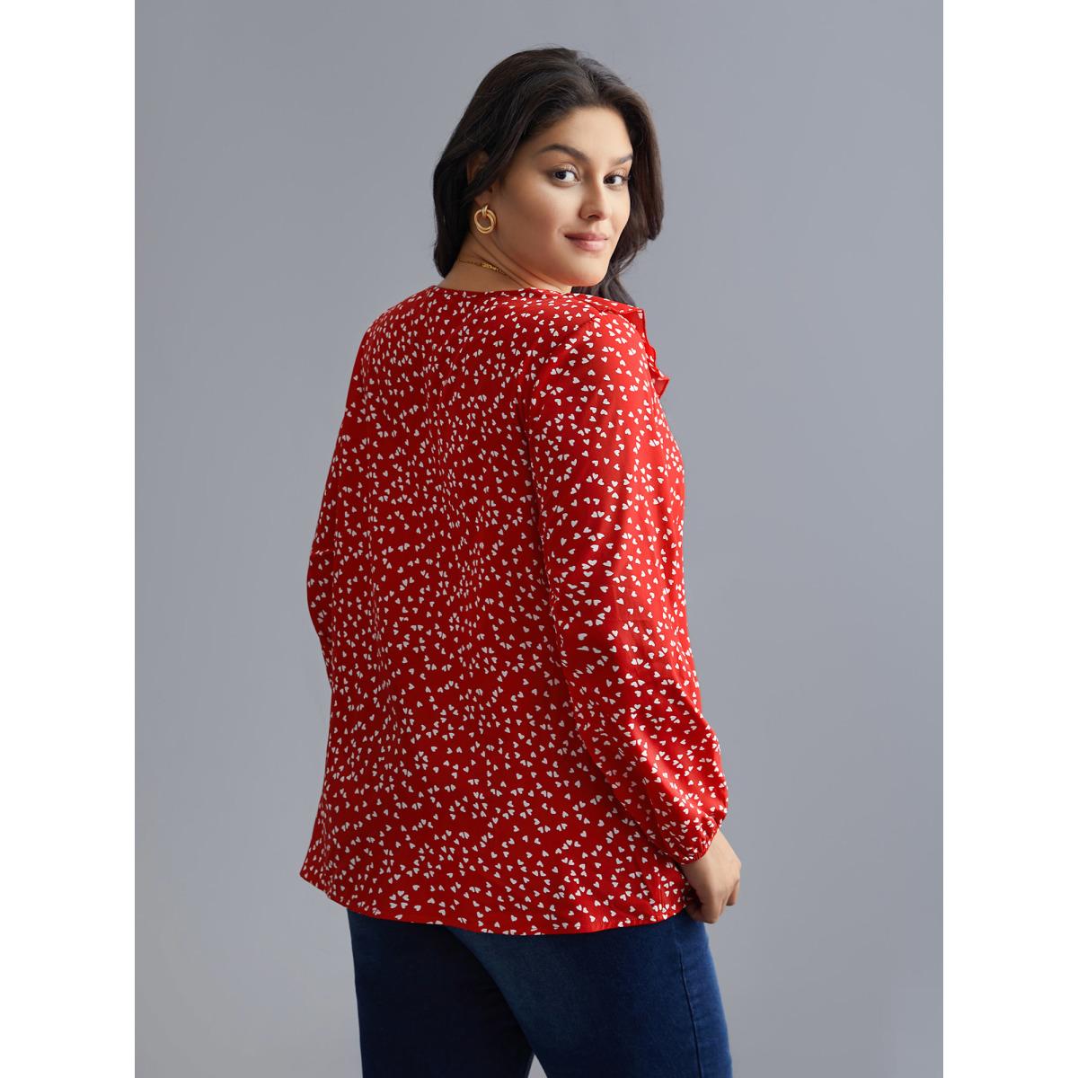 Plus Size Crimson V Neck Ruffle Heart Blouse Women Elegant Extra Long Sleeve V-neck Everyday Blouses BloomChic 14-16/1X Product Image