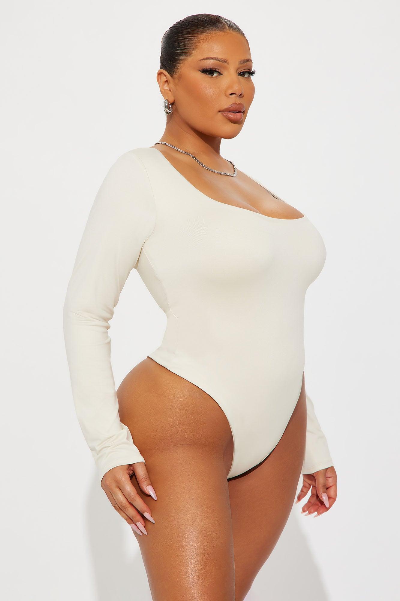 Contour Double Lined Long Sleeve Wide Scoop Neck Bodysuit - Bone Female Product Image
