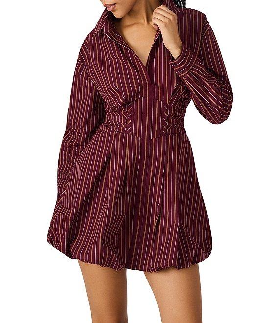 Steve Madden Arielle Striped Print Point Collar Long Sleeve Corset Waist Bubble Hem Mini Dress Product Image