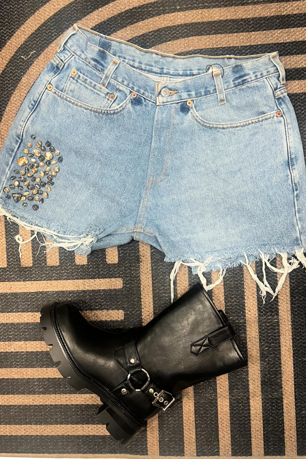 Embellished Up-cycled Levi Denim Shorts Product Image