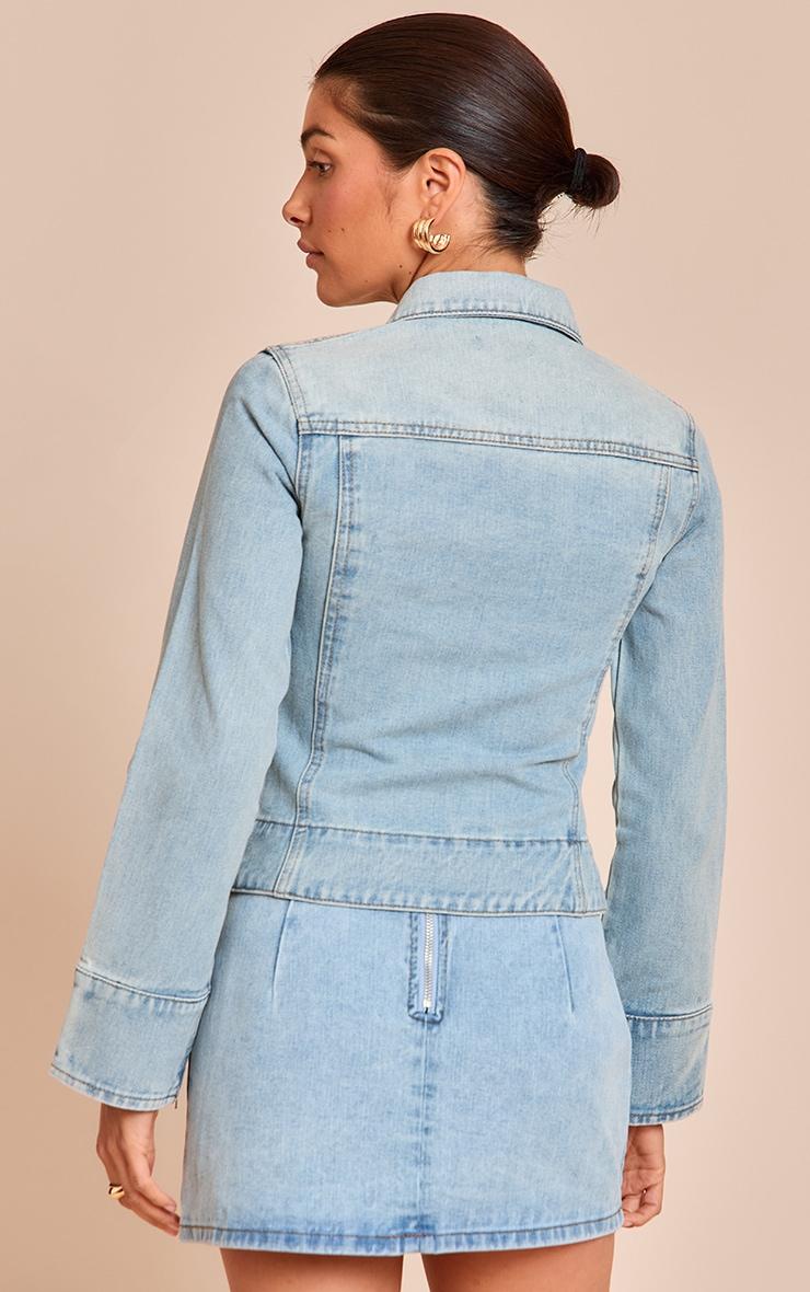 Petite Light Blue Denim Front Zip Fitted Jacket Product Image