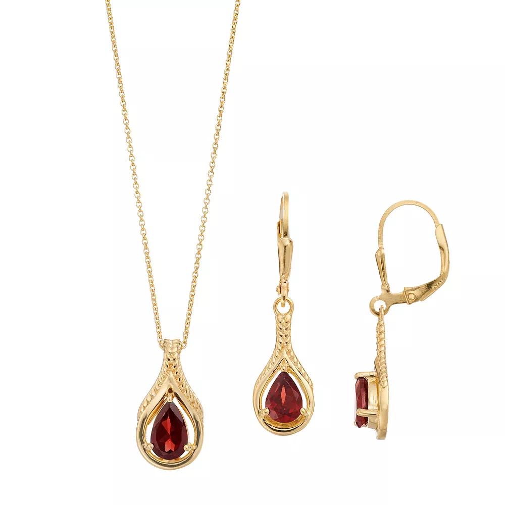 14k Gold Over Sterling Silver Garnet Pear Drop Earring & Pendant Necklace Set, Women's, Gold Tone Product Image