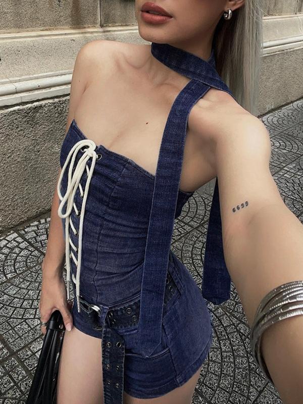 Strapless Lace Up Belted Denim Bodysuits Product Image